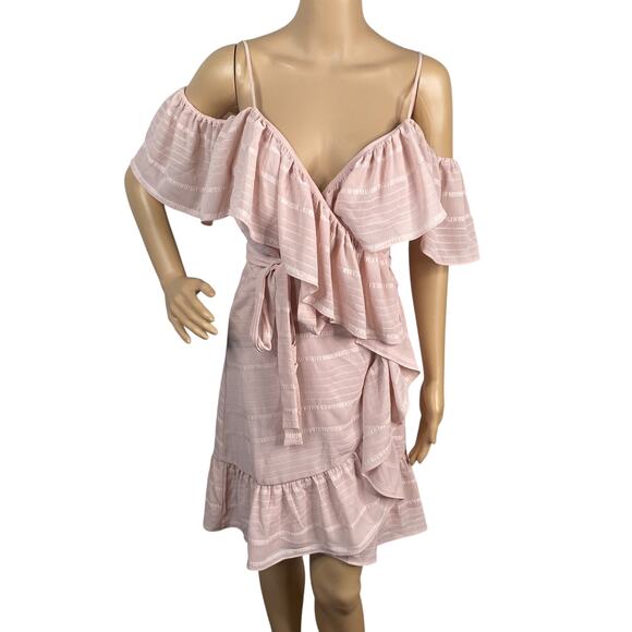 Wayf Elise Pink Stripe Ruffle Cold Shoulder Wrap Dress SZ XS - Picture 2 of 10